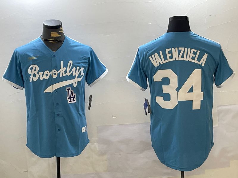 Men Los Angeles Dodgers 34 Valenzuela Light Blue Game 2024 Nike MLB Jersey style 10295